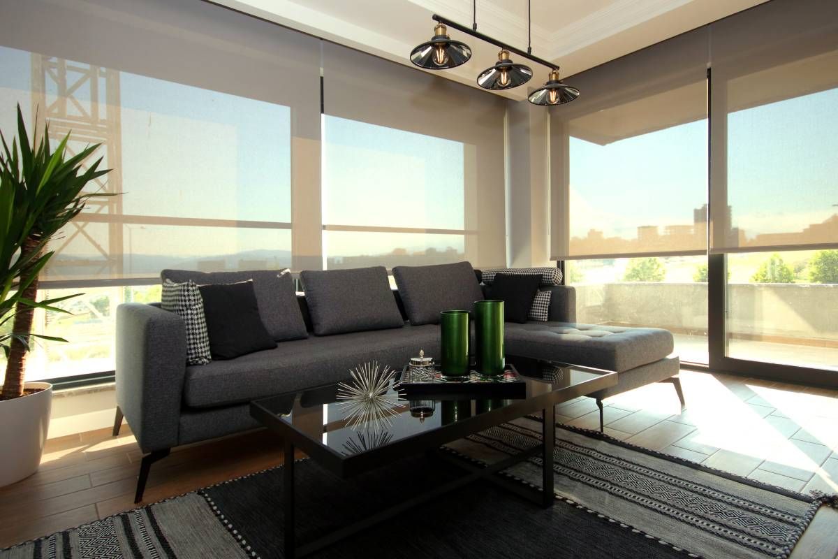 roller shades in living room with sofa, coffee table, and plant, and light fixture near Kent, WA