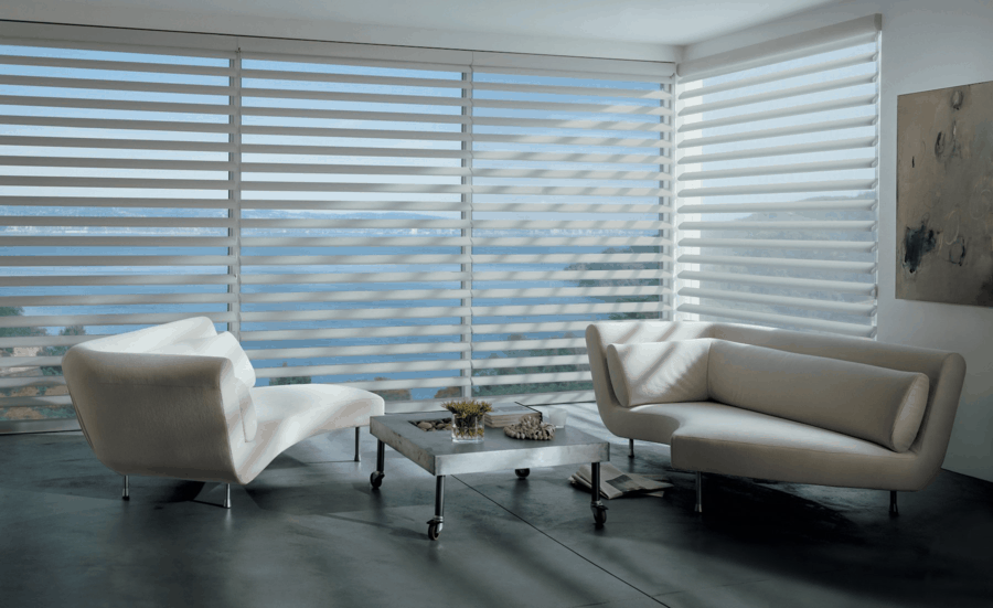 Lounge room with Pirouette window shades installed