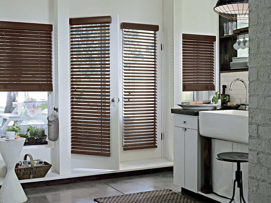 Kitchen door in Enumclaw, WA with Parkland wood blinds installed