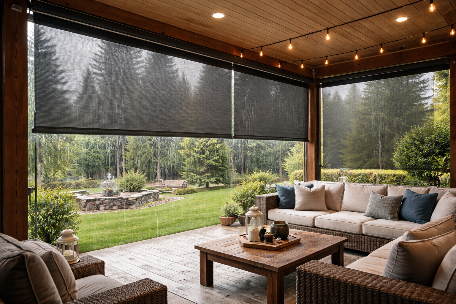 Covered patio with outdoor roller shades protecting seating area from rain in a P