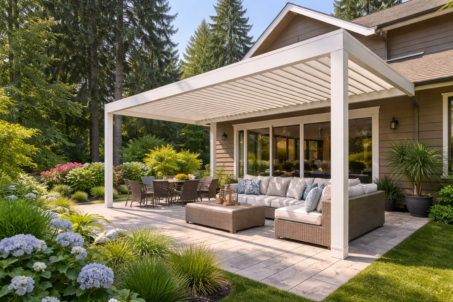 patio covers Bellevue WA modern pergola-style cover for rain protection in residential backyard
