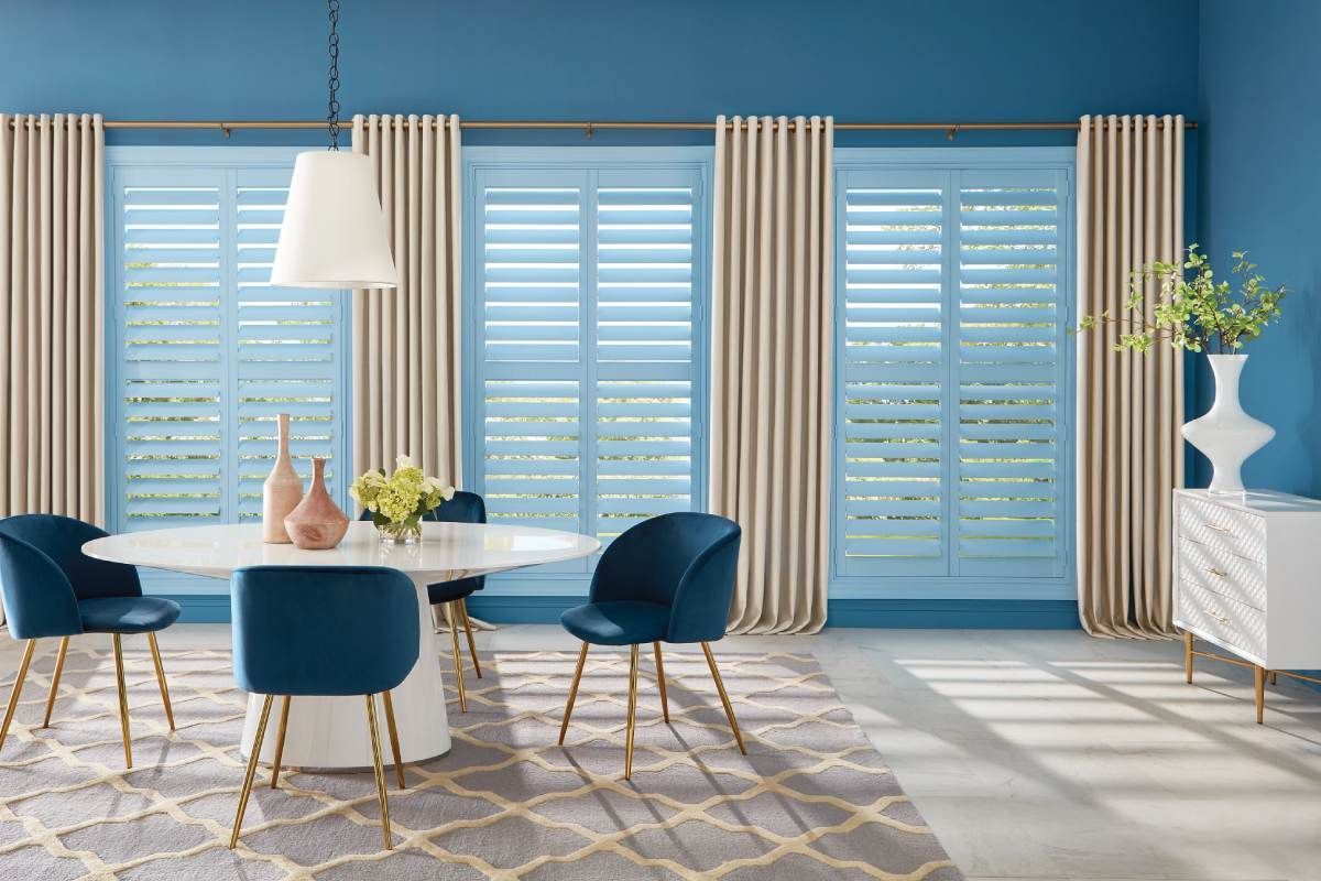 Heritance® Hardwood Shutters Kent, Washington (WA) balancing structured window treatments and soft shades in home décor