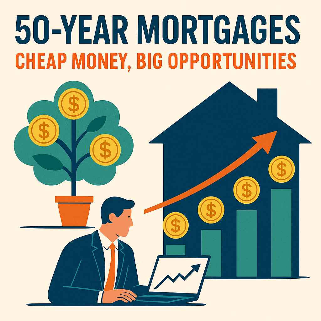 Real estate investor reviewing 50-year mortgage cash flow projections on a laptop with rental proper