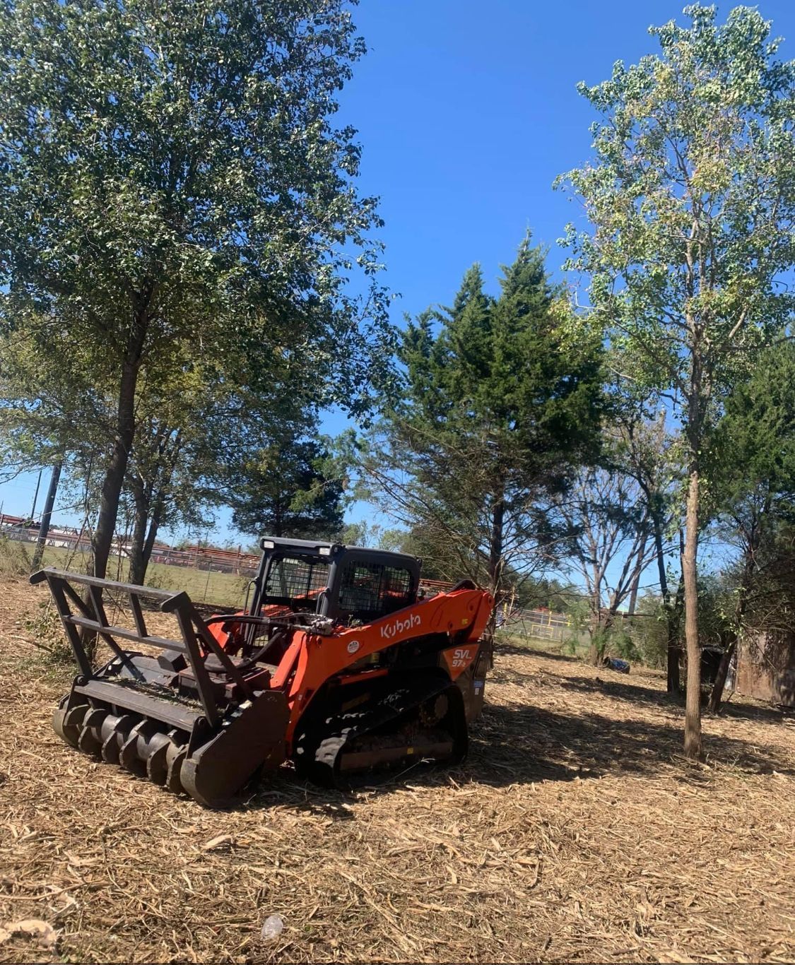 Orange Kubota skid steer with a mulching attachment clearing brush in a field.