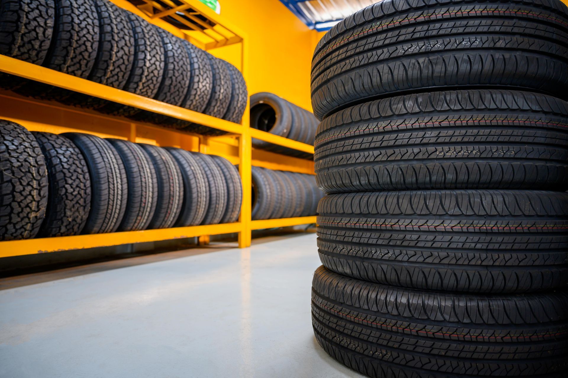 Stacks of new car tires arranged on shelves inside a brightly lit automotive storage room.
