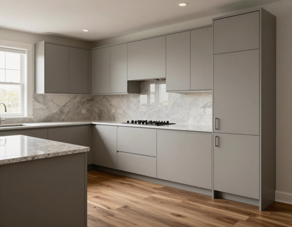 Renovated kitchen with new cabinets and hardwood flooring
