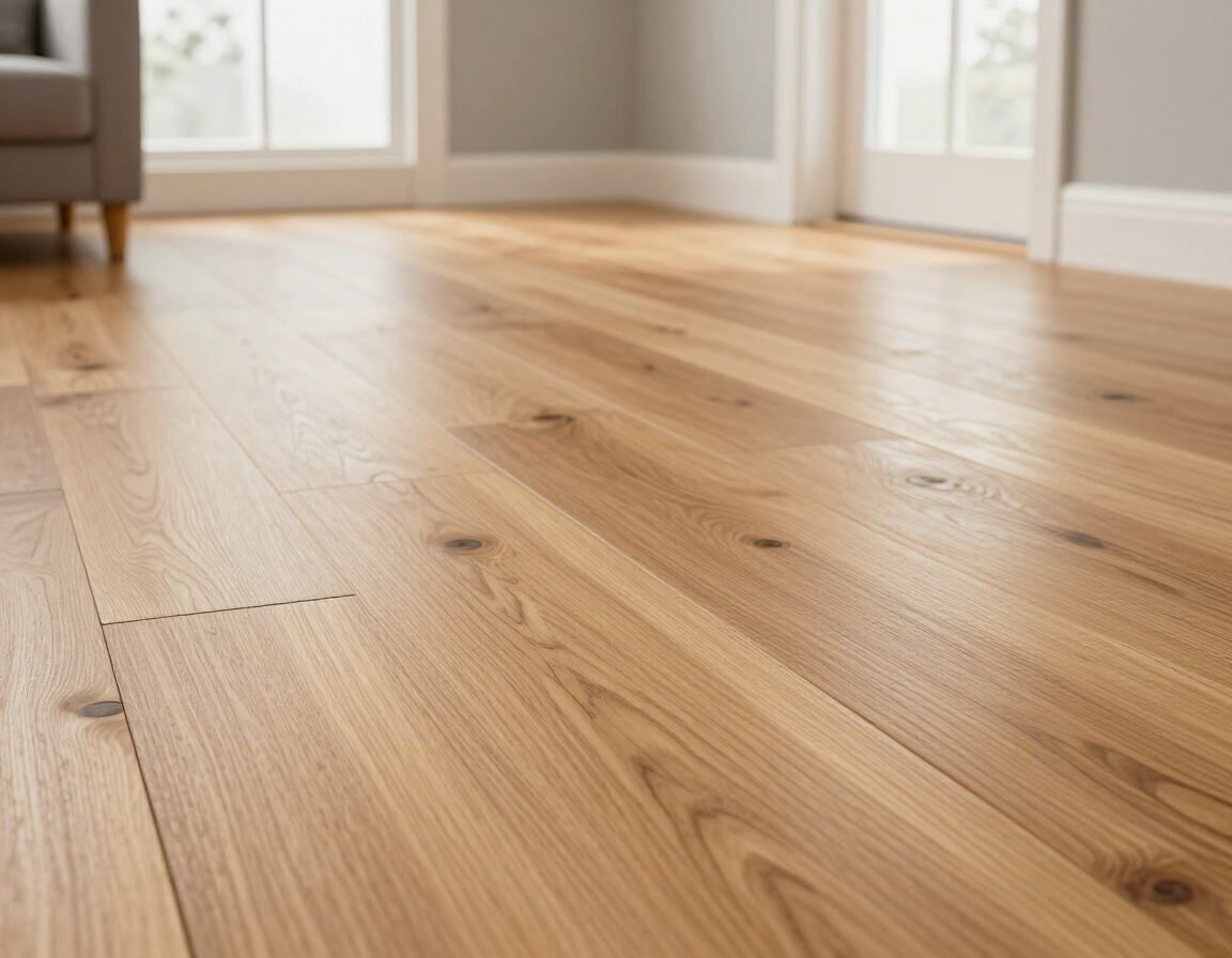 Newly installed warm hardwood flooring in bright residential living room