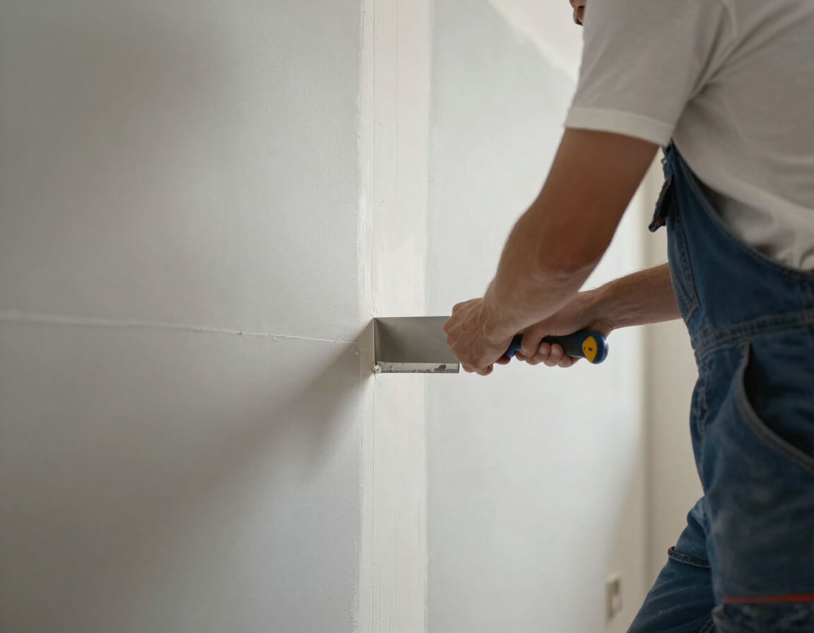 Tradesperson applying joint compound to drywall seam