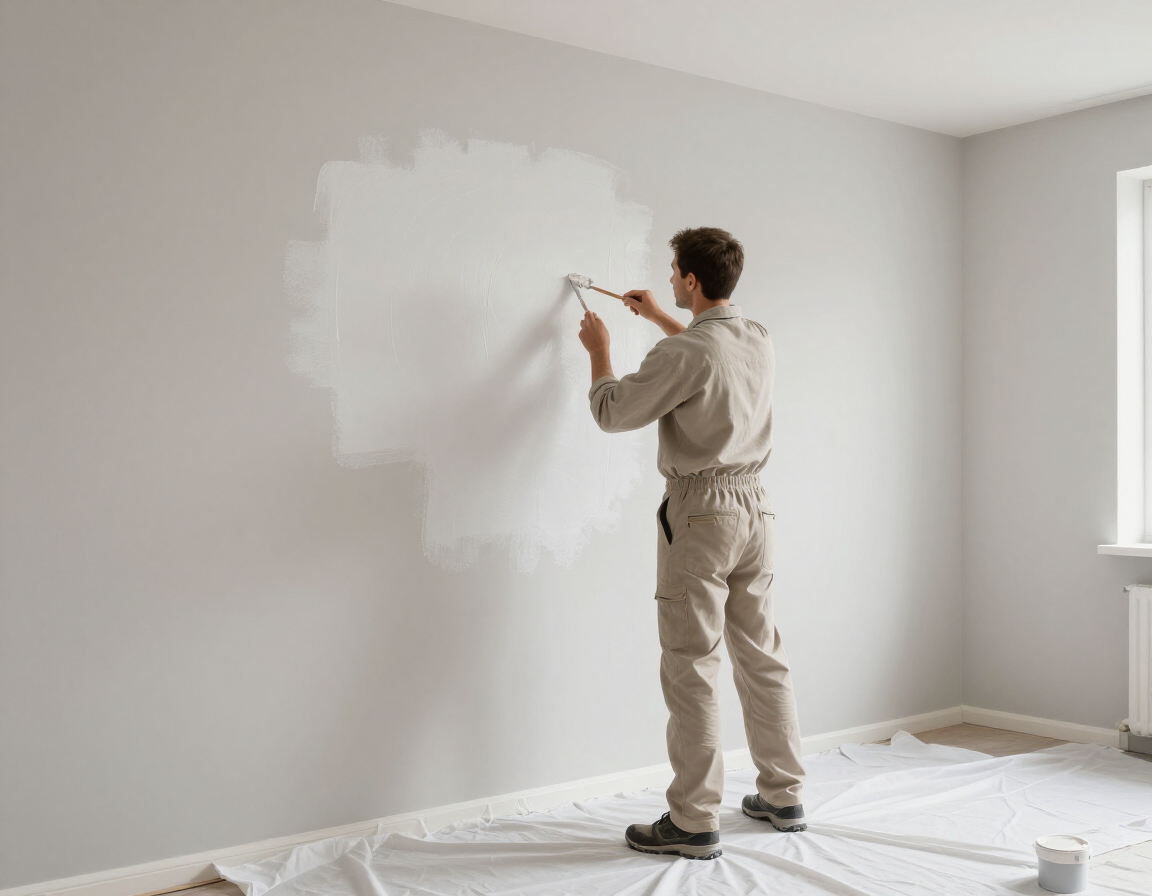 Professional painter rolling white paint on residential interior wall