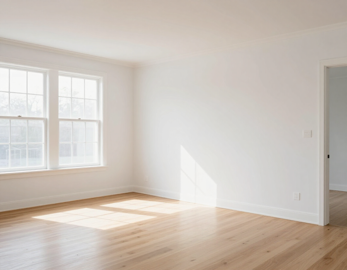 Freshly painted living room with white walls and clean trim