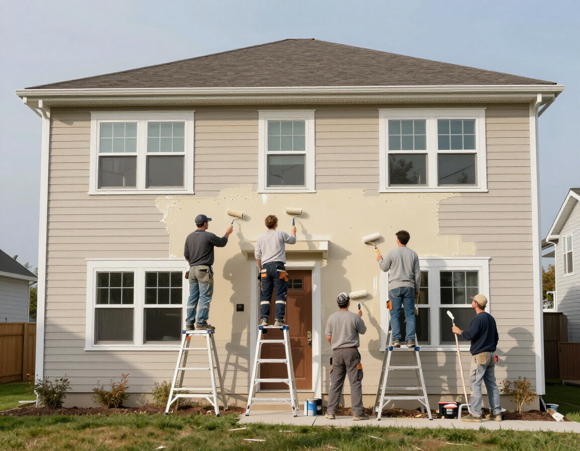 Exterior house painting crew on ladders