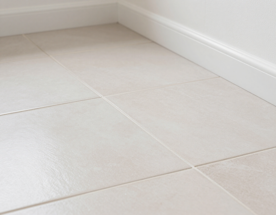 Tiled bathroom floor with new grout lines and baseboard