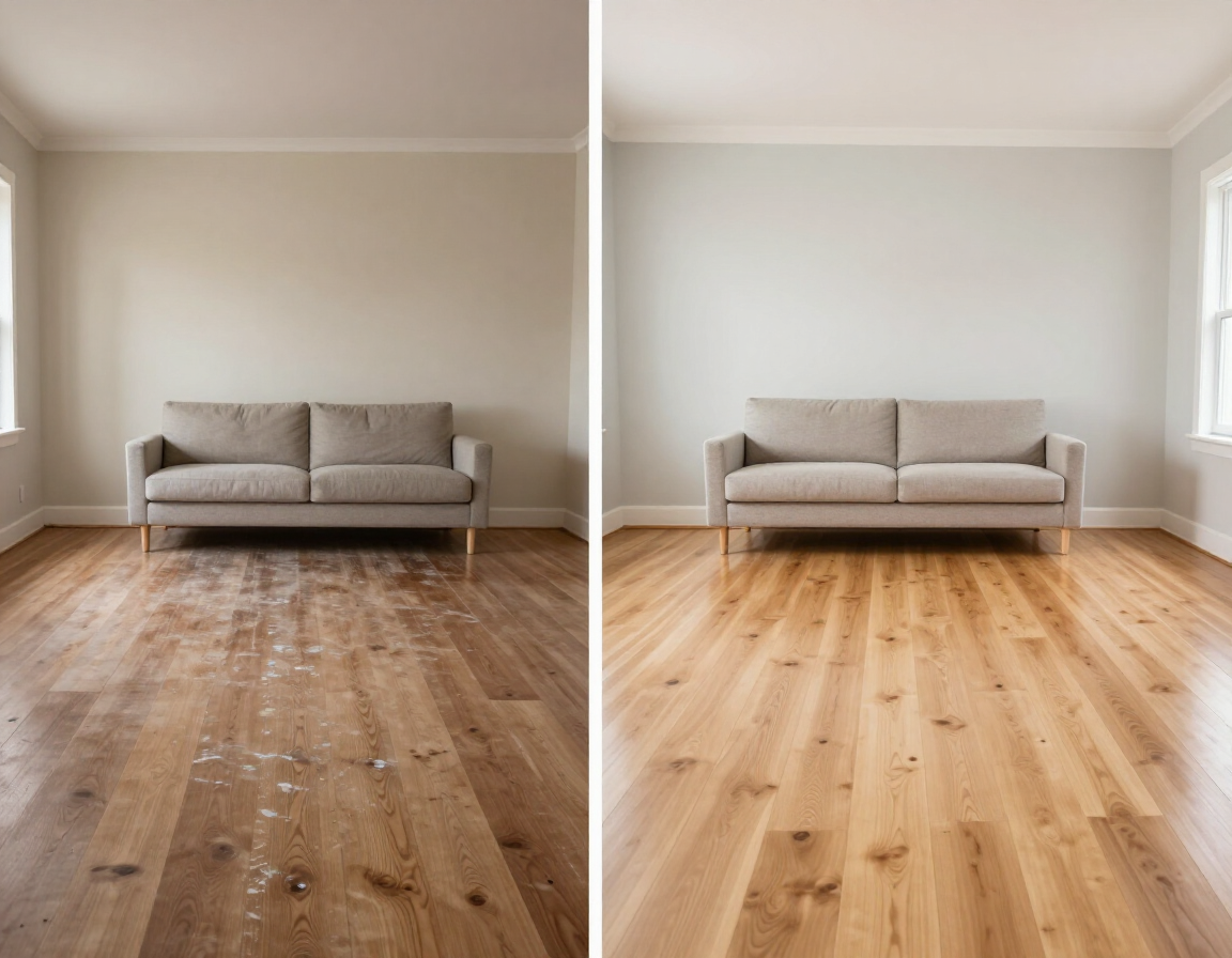 Before and after living room remodel with new flooring and paint