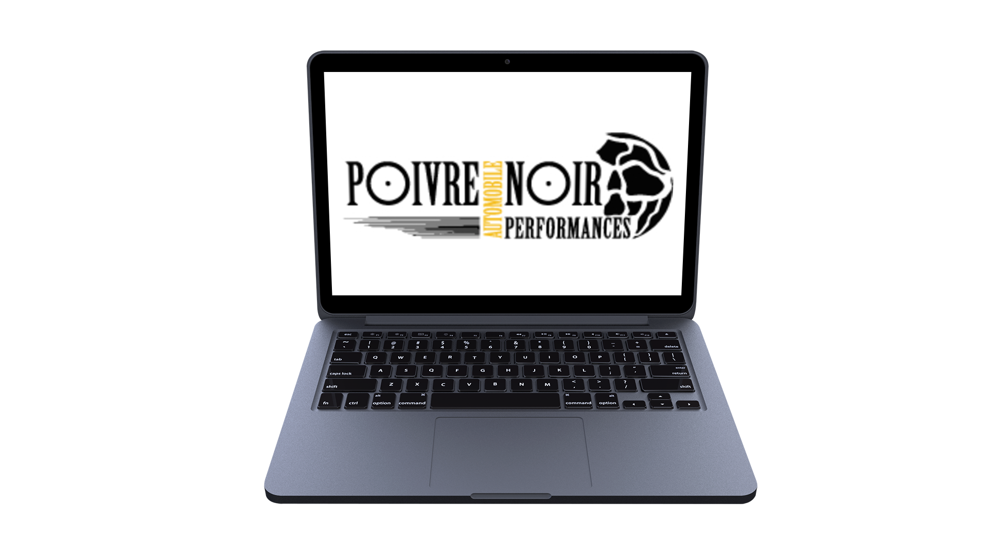 Ordinateur portable affichant un logo avec le texte « POIVRE NOIR PERFORMANCE ».