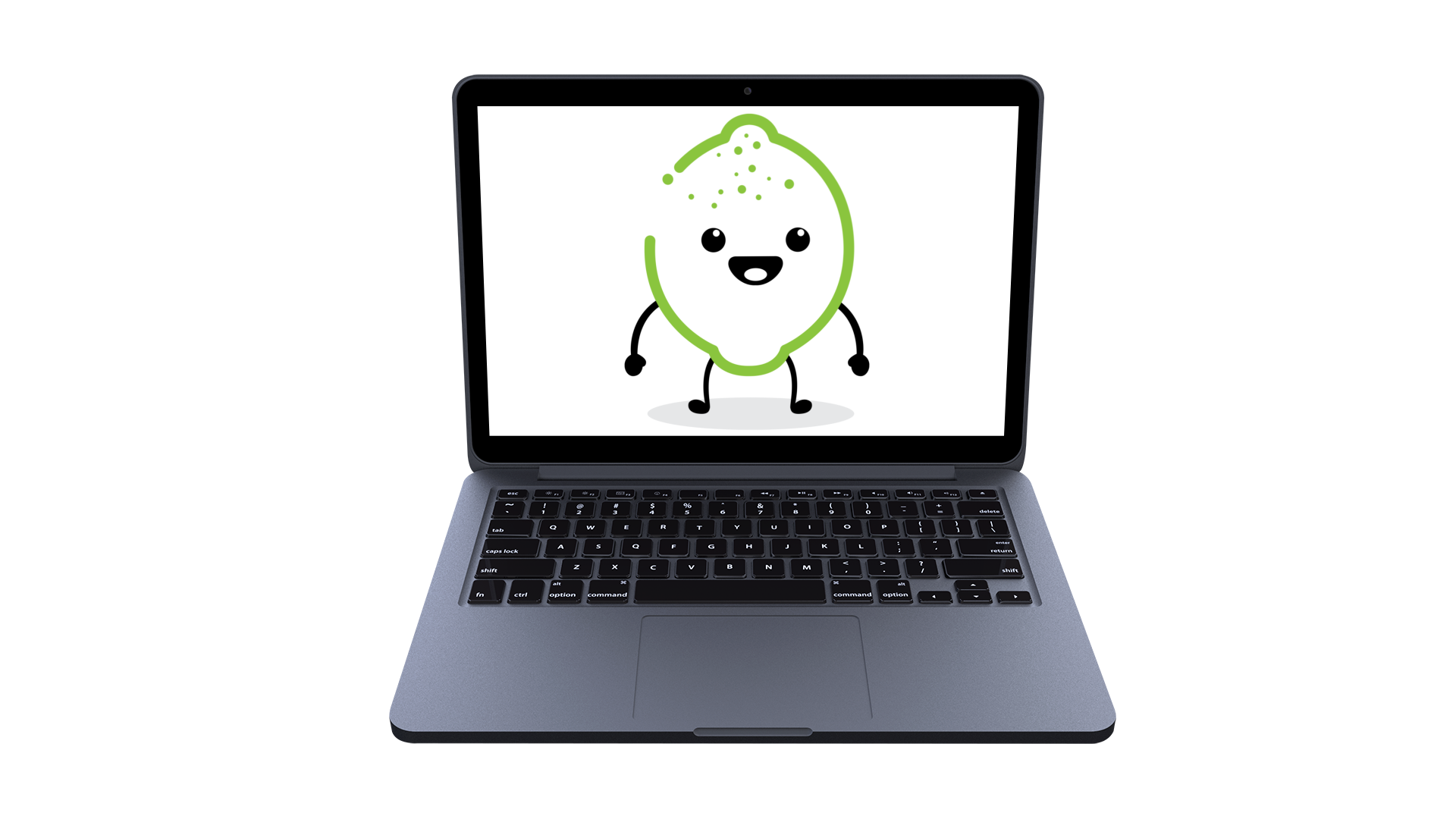 Ordinateur portable avec un dessin animé de citron vert souriant sur l'écran.