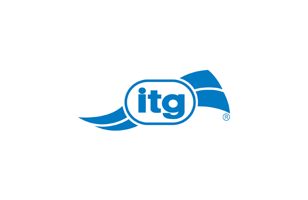 Logo bleu pour « itg » avec un design d'aile stylisé.