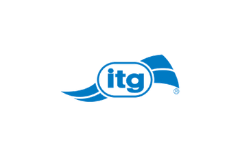Logo bleu pour « itg » avec un design d'aile stylisé.