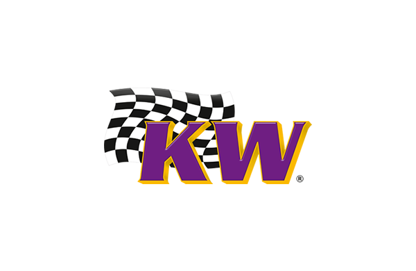 Logo KW Realty avec un drapeau à damier, des lettres violettes « KW » et un contour jaune.