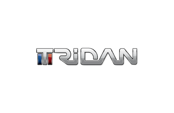 Logo « TRIDAN » en argent, avec des barres rouges, bleues et blanches sur le « T ».
