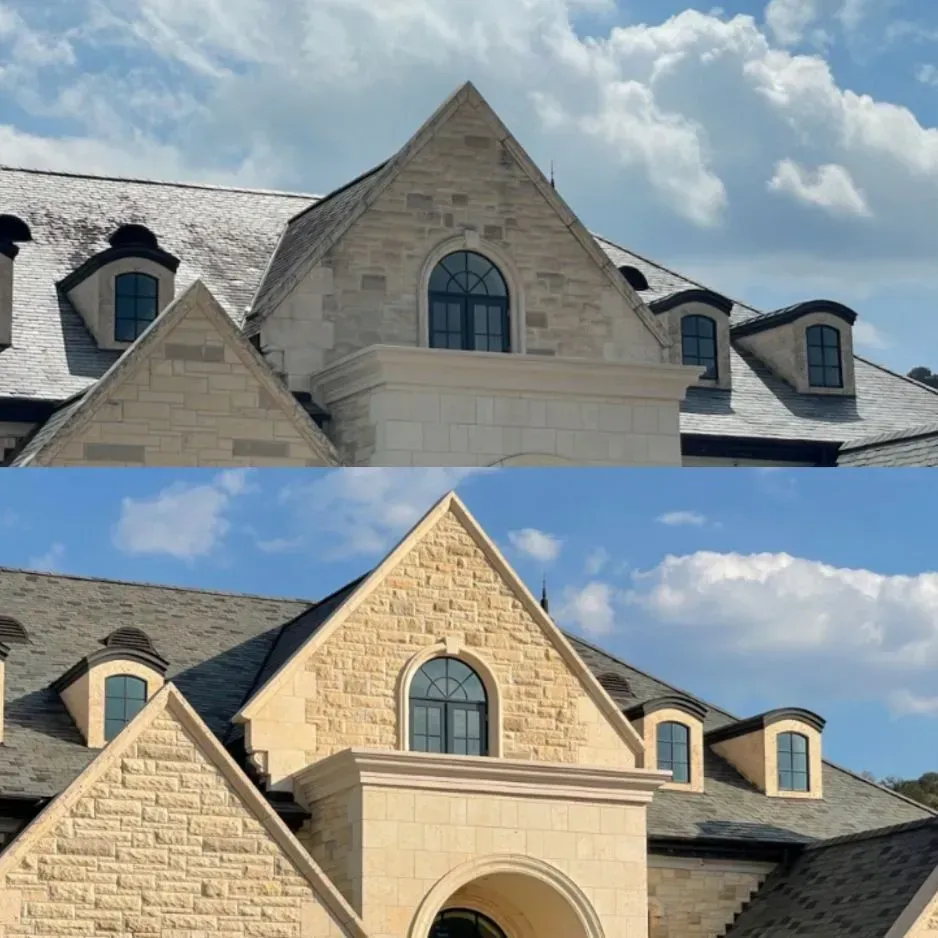 Comparison of a stone house roof before and after cleaning; cloudy sky.