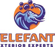 Hexagon logo with mountains, trees, and campfire in orange and blue. Company name is white.