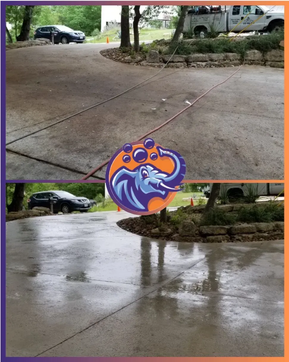 Before and after photos of a driveway cleaning, showing the contrast between dirty and clean concrete.