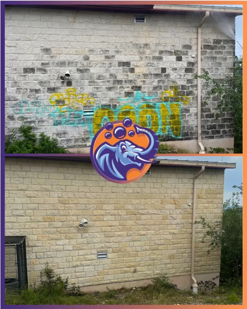 Before and after of a brick building being cleaned; graffiti removed. A logo with an elephant is overlaid on top.
