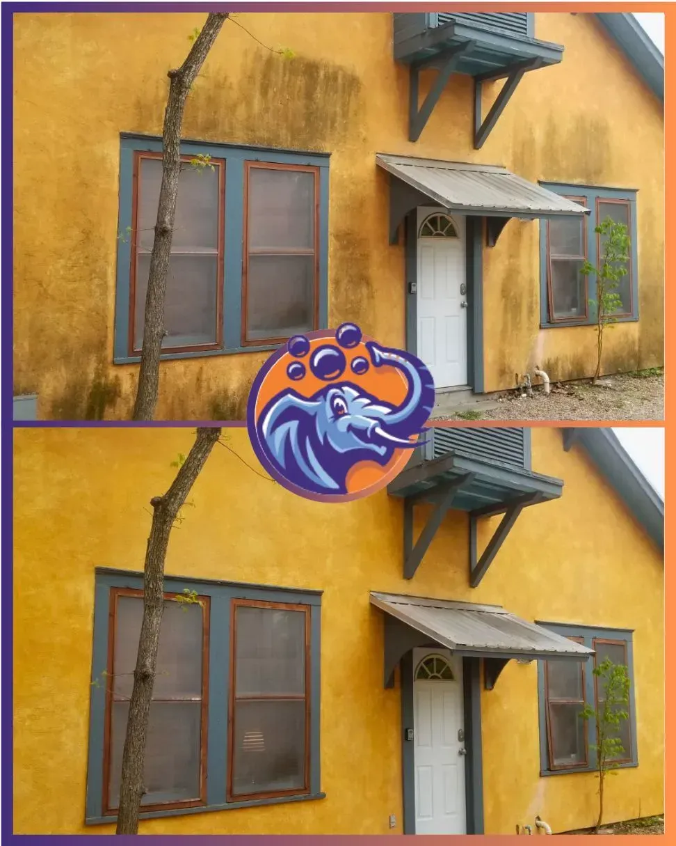 Before and after photos of a yellow house facade cleaning. Shows the house before and after a pressure wash.