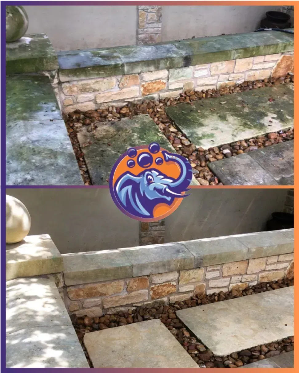 Before and after of a stone patio cleaned, removing moss and grime.