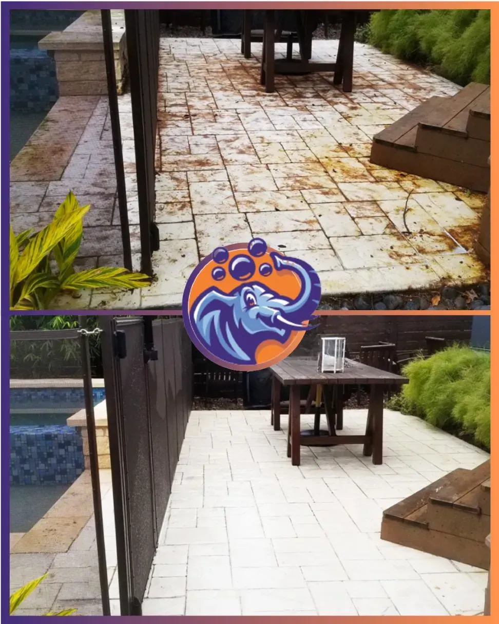 Before and after photo of a patio with tables, showing a cleaned surface.