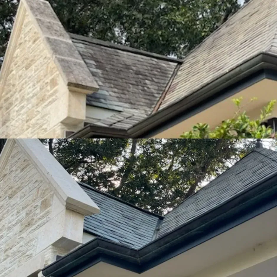 Before and after view of a stone building's roof; top shows moss, bottom shows clean slate tiles.