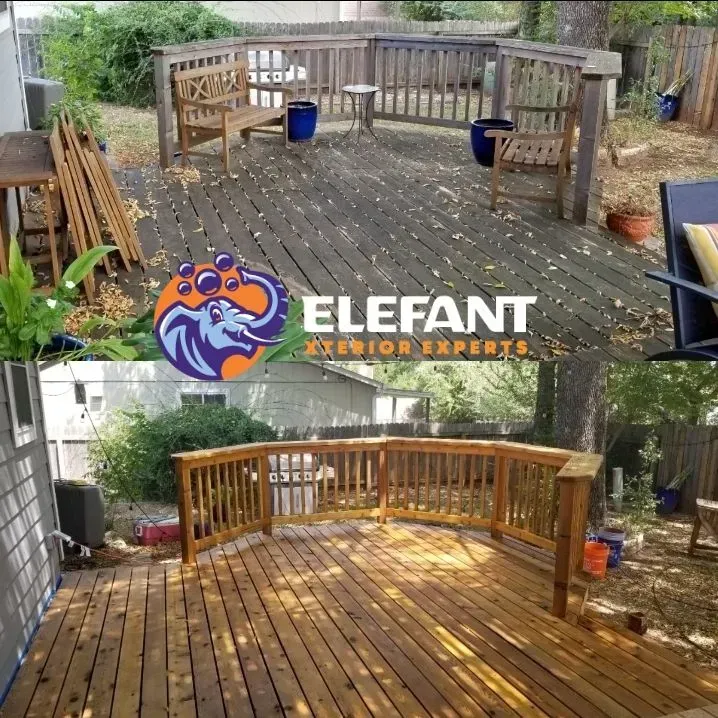 Before and after photos of a wooden deck. The deck has been cleaned and stained, changing its color.