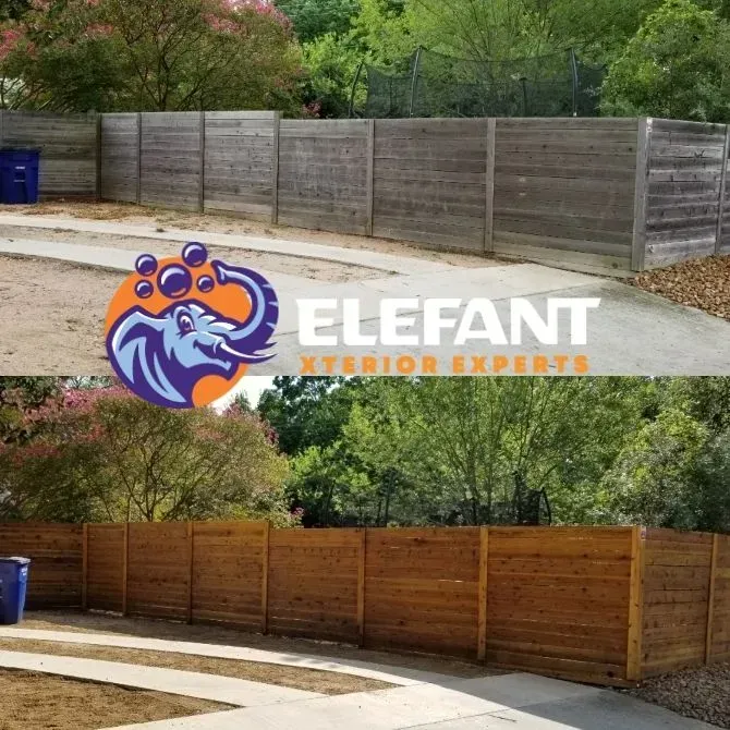 Before and after of a wooden fence, treated with stain, in front of greenery. Elefant logo visible.