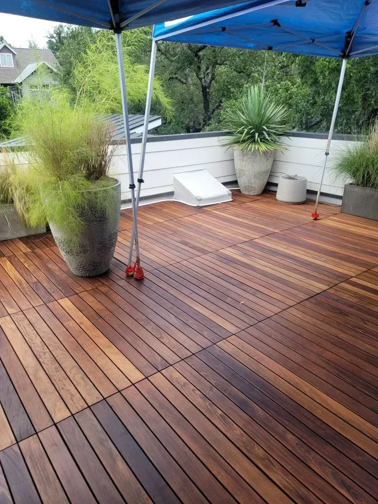 Wooden deck with potted plants under a blue canopy. Trees and white building in the background.