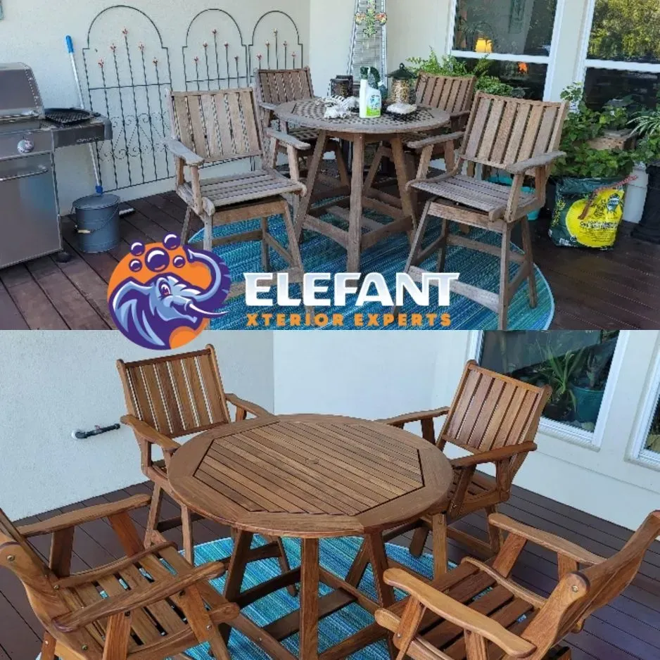 Two views of outdoor wooden table and chairs on a deck with plants, one with tall chairs.
