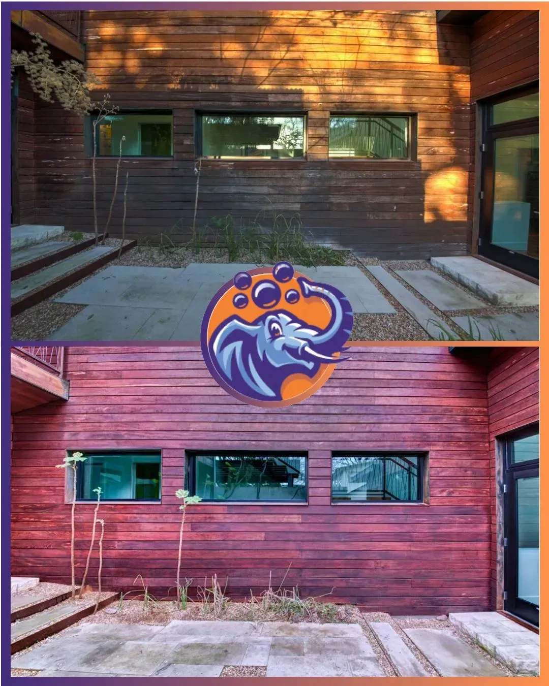 Comparison of before and after cleaning of a wooden building's exterior. The