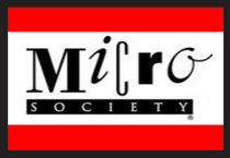 a micro society logo on a red and white background