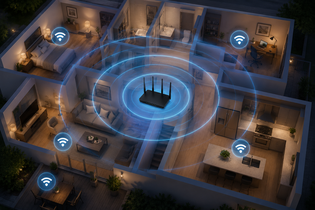 Home floor plan with Wi‑Fi signal icons around a central router, showing wireless coverage throughout rooms
