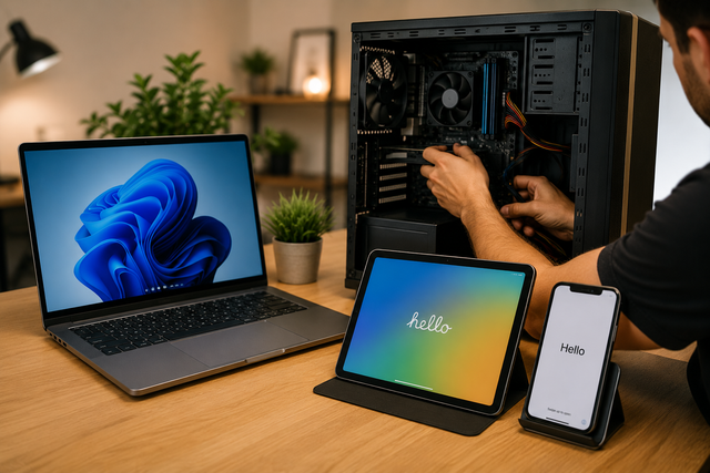 Person assembling a desktop PC beside a laptop, tablet, and smartphone on a wooden desk.