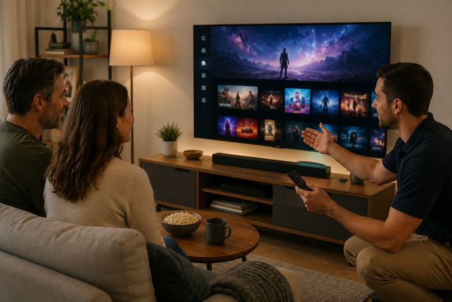 Three people watch a TV interface in a cozy living room at night