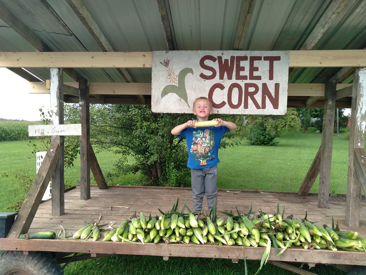 A young boy is standing in front of a sign that says sweet corn.