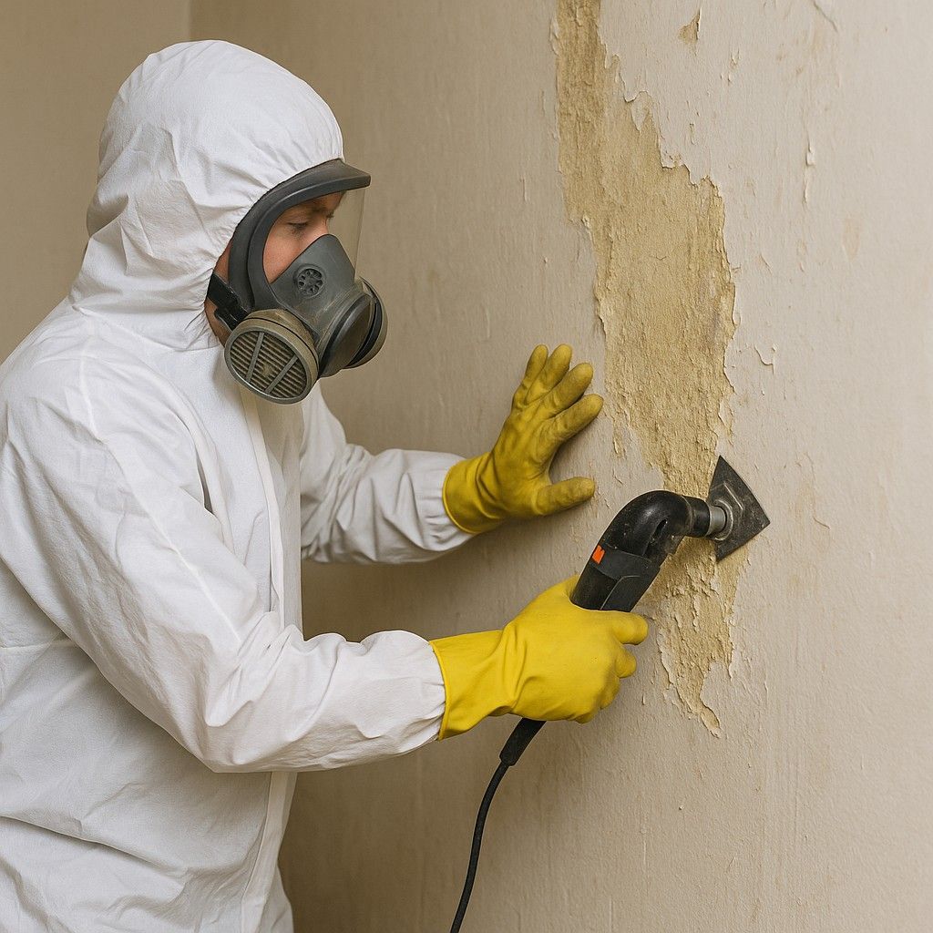 Abatement crew member cleaning lead dust with HEPA vacuum in Providence RI