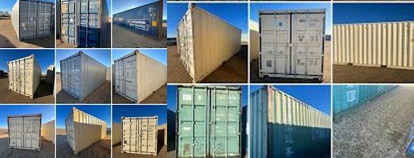 There are many different types of shipping containers in this collage.