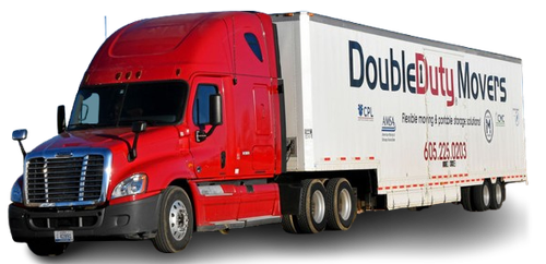 A red truck with a white trailer that says double duty movers