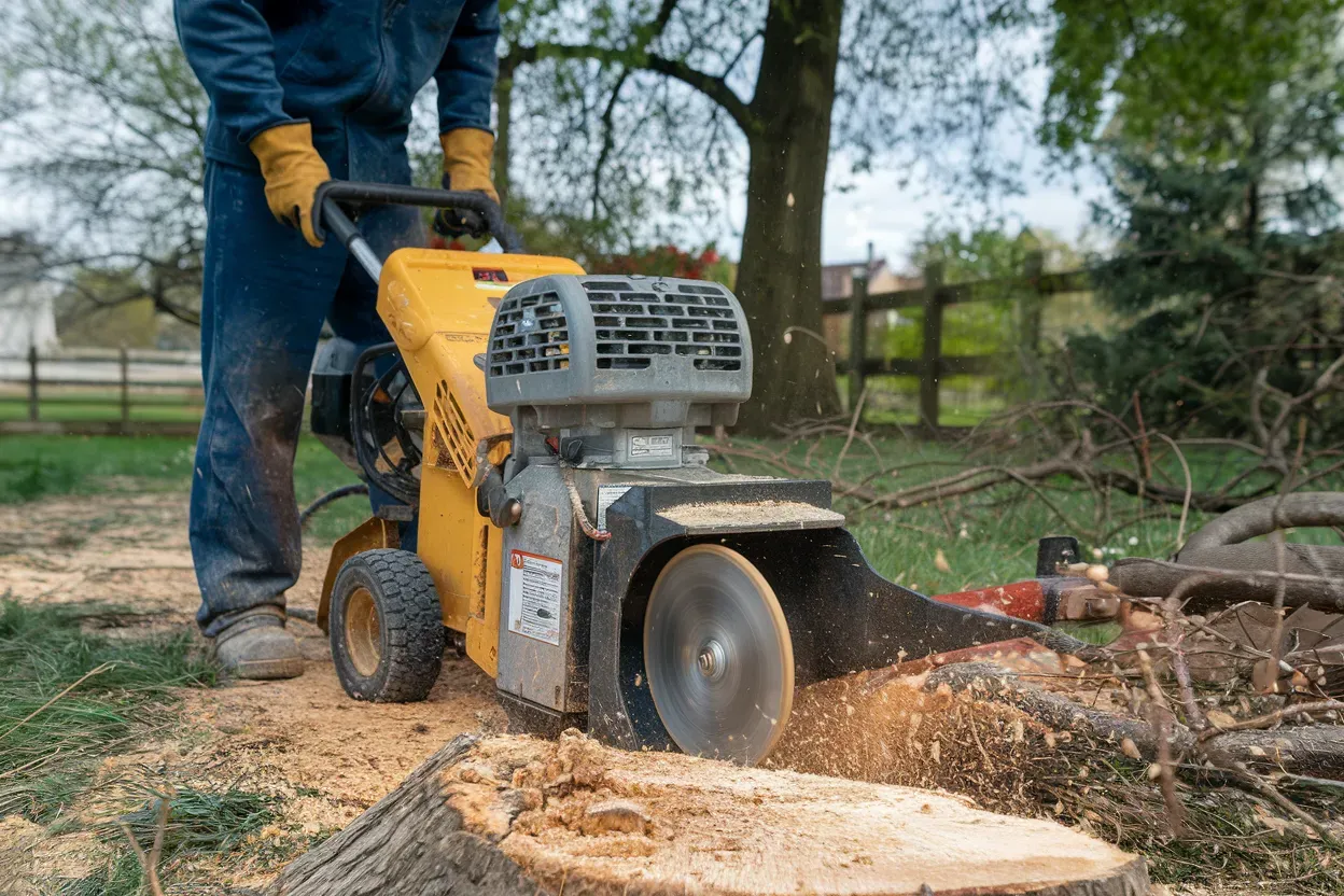 Person using a yellow stump grinder to remove a tree stump in a yard, producing wood chips.