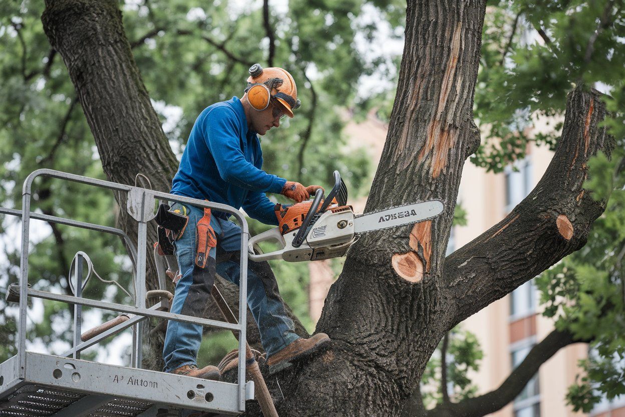 Tree service worker using chainsaw on a large tree branch from a lift.
