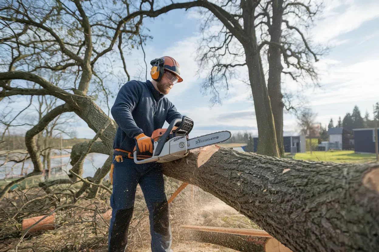 Man using a chainsaw to cut a log. Wearing safety gear, outdoors in a tree-filled area.