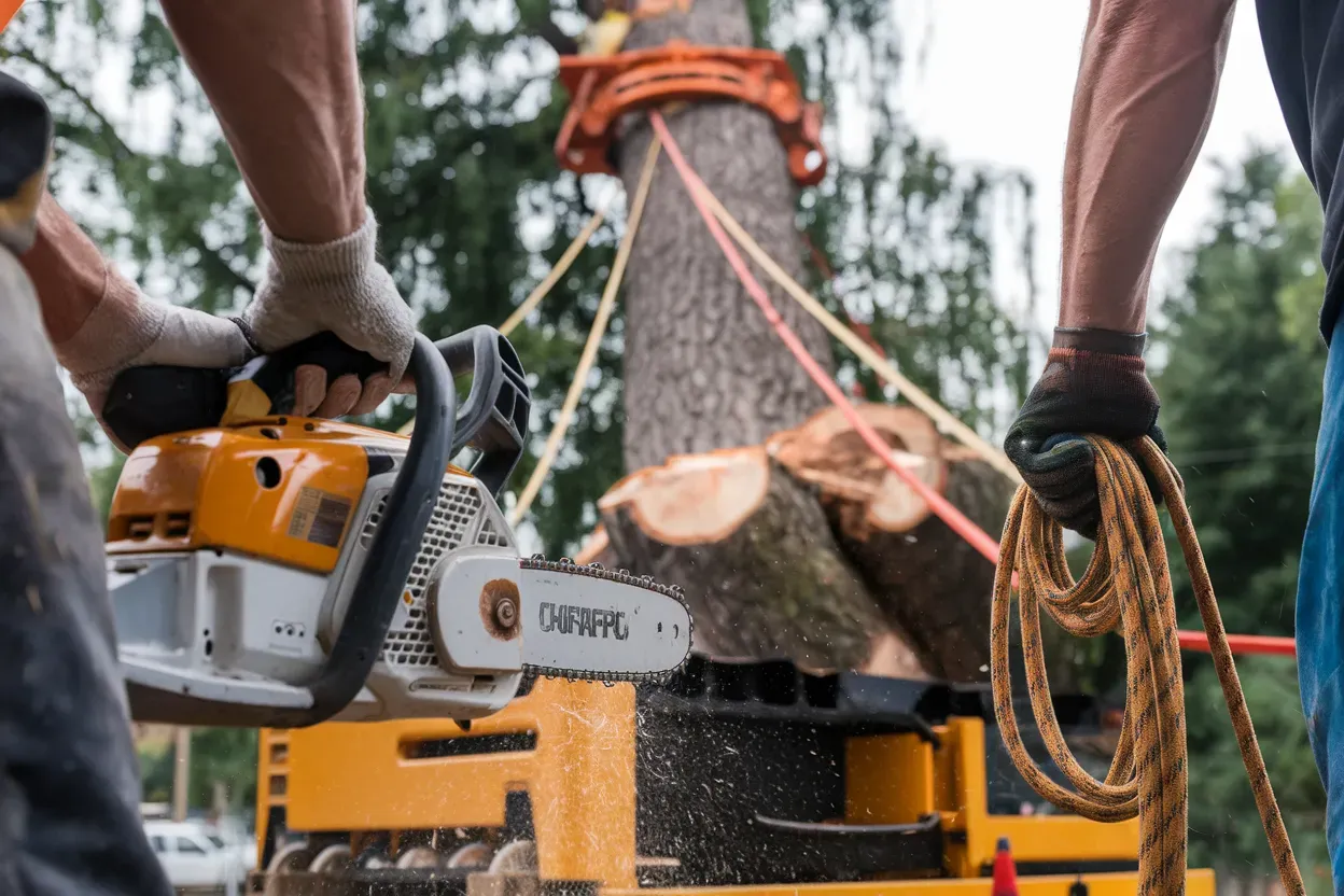 Two people cutting down a tree with a chainsaw, ropes, and machinery.