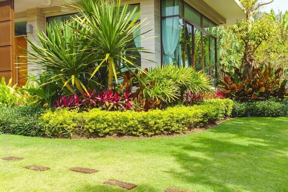 Green lawn and colorful garden bed in front of a house, sunny day.