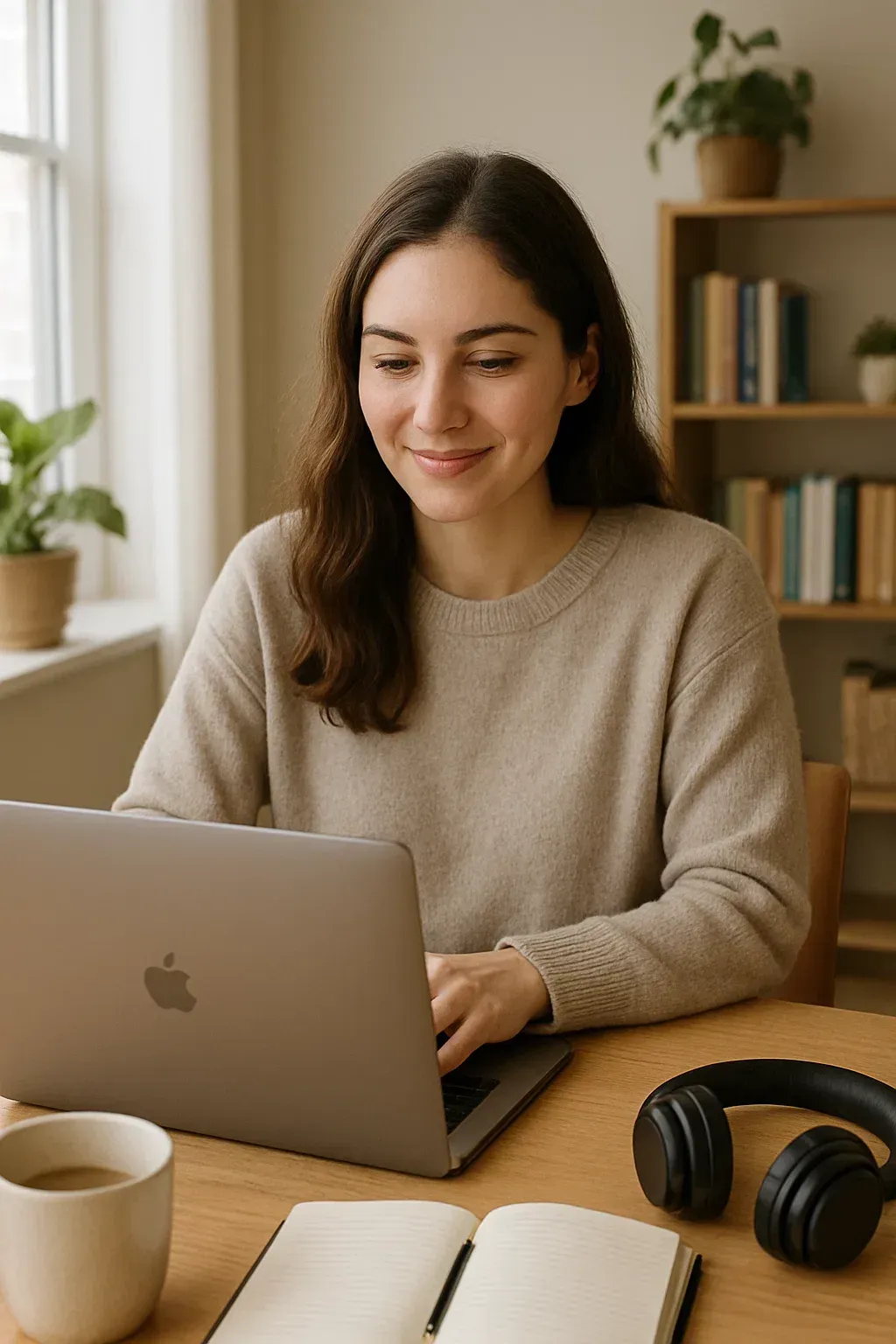 Woman working on laptop at a wooden table. Smiling, in beige sweater. Headphones and mug nearby. Light, plant-filled room.